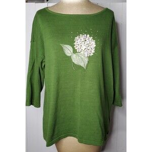 Bua/Bua Pullover L Green 100% Cotton 3/4 Sleeve Embroidery Flowers Sparkle Bling